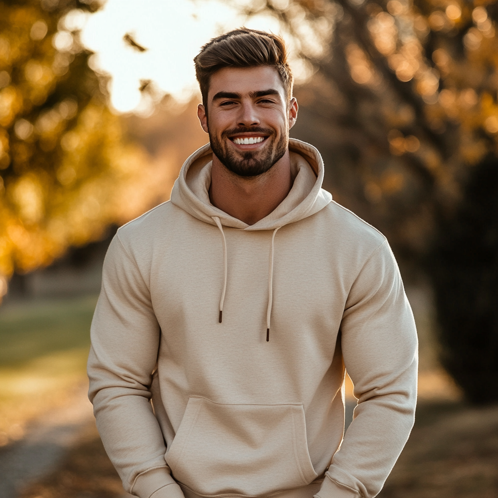 Caucasian male model wearing Gildan 18500 Hoodie outdoors