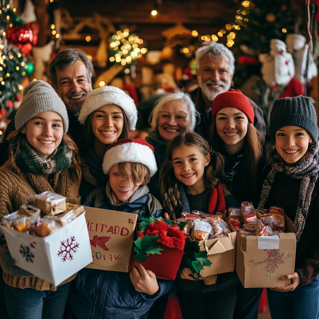 Caucasian volunteers of all ages stand together happily.