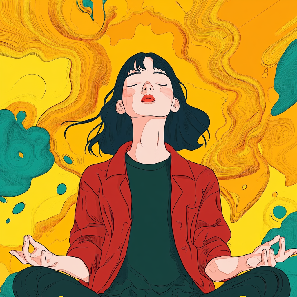 Caucasian woman in red trench coat, green t-shirt. Hero pose, anime style, abstract yellow background shapes.