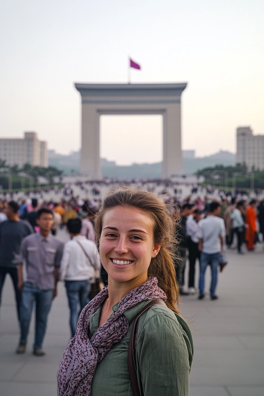 Caucasian woman poses in front of North Korean landmark.