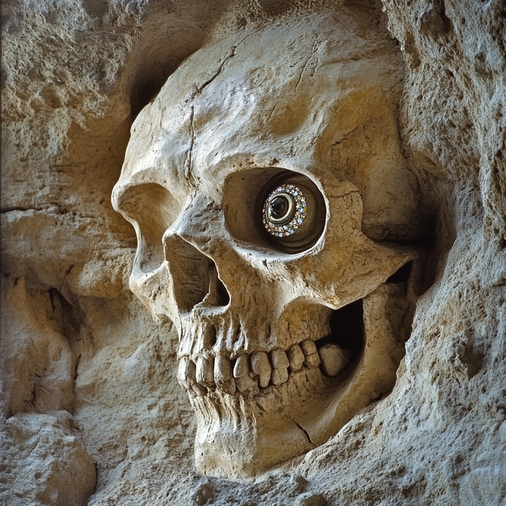 Cave wall carving: Grinning skull with jeweled eyeball.