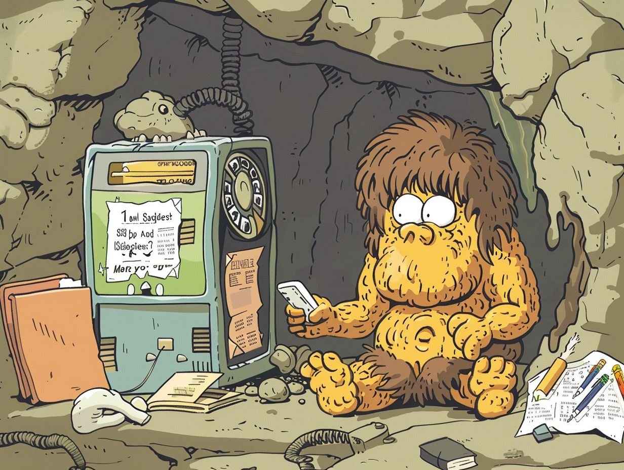 Caveman confused by old objects from time machine.