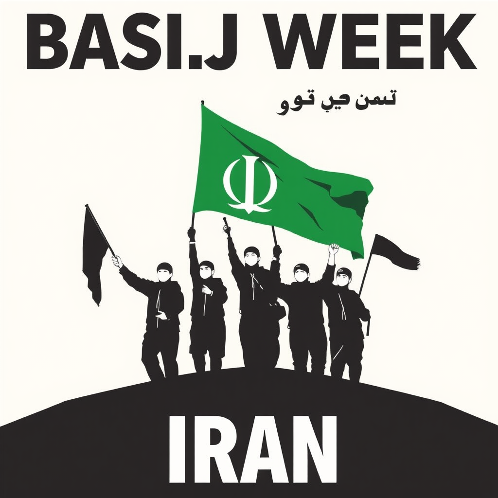 Celebrating Basij Week in Iran with colorful poster.