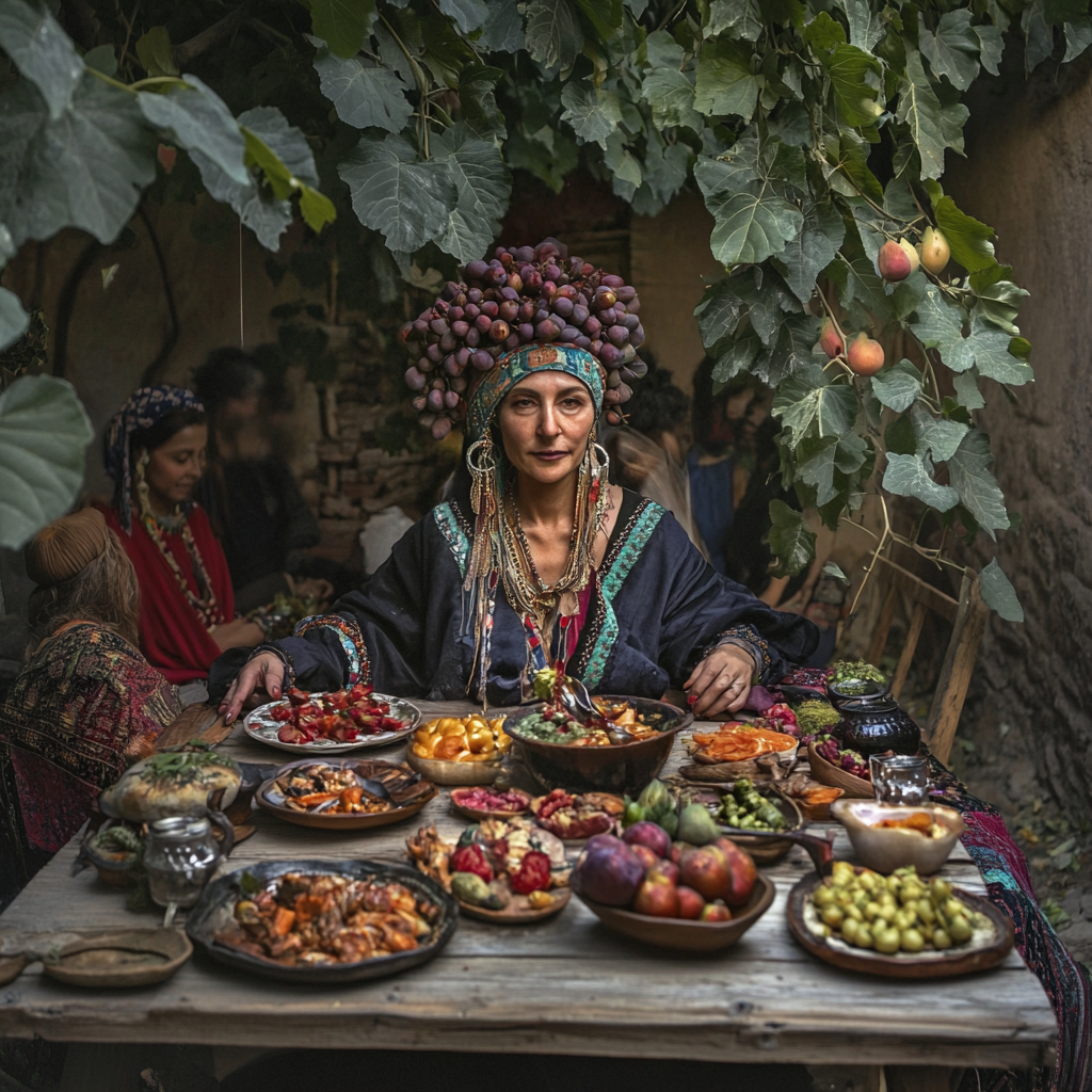 Celebrating with Georgian feast dishes under fig.