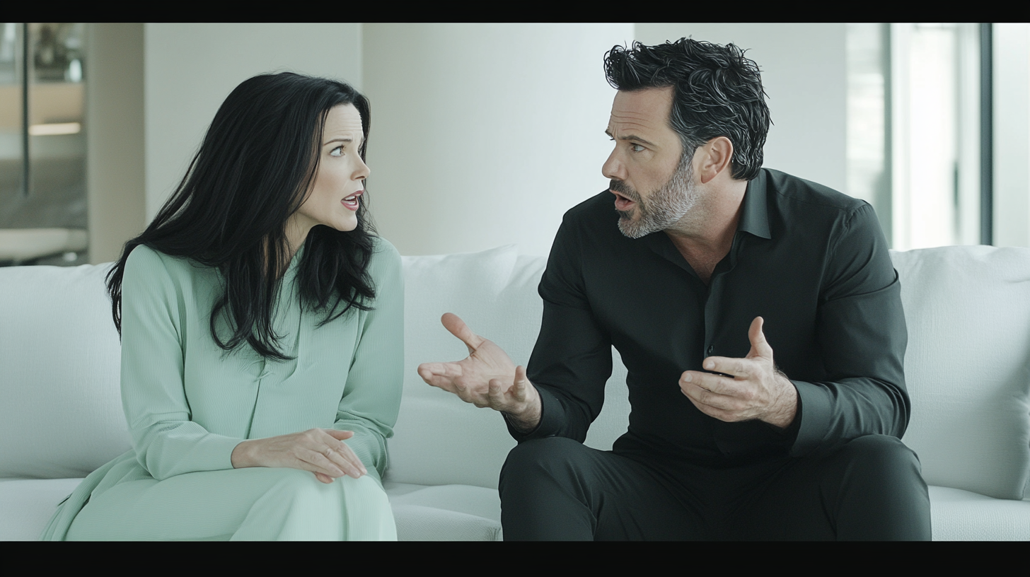 Celebrities Sandra Bullock and Ben Affleck arguing on couch