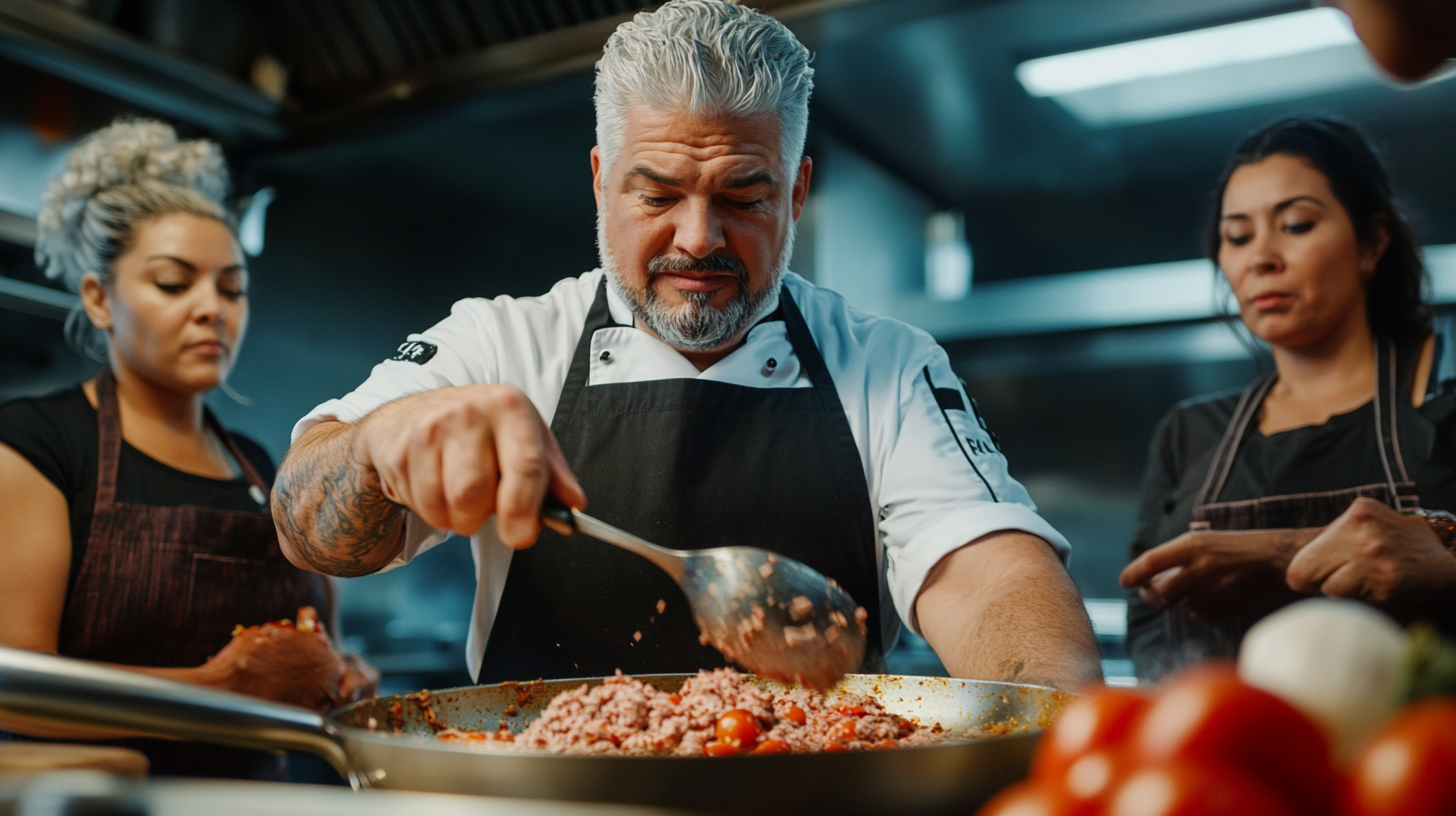 Celebrity chef Guy Fieri cooking in TV kitchen