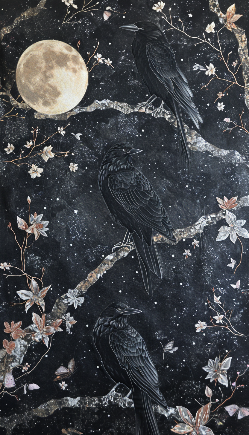 Celestial Shadows Starlit Crows 3D Embroidered Pattern