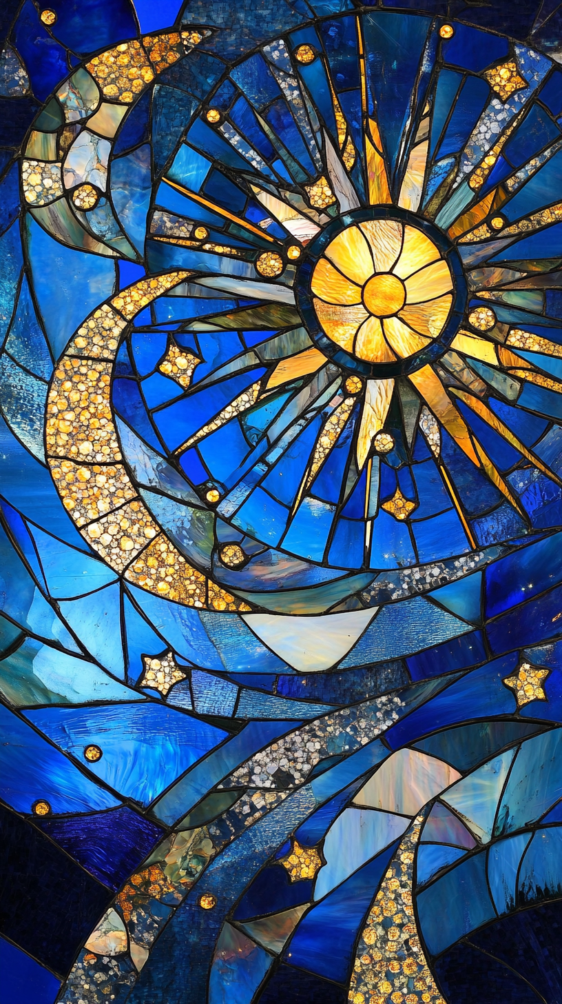 Celestial stained glass style depicts night sky beautifully.