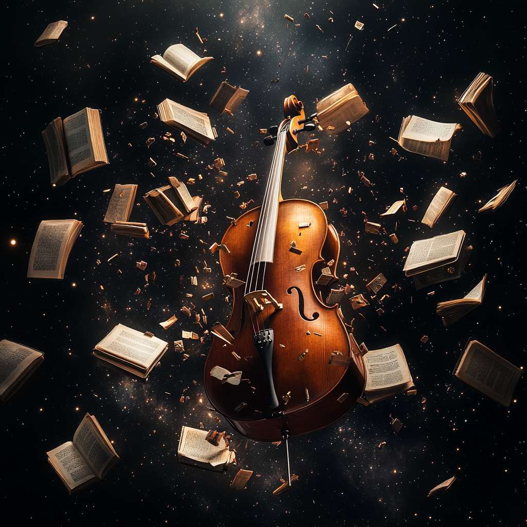 Cello and books floating in outer space with light.