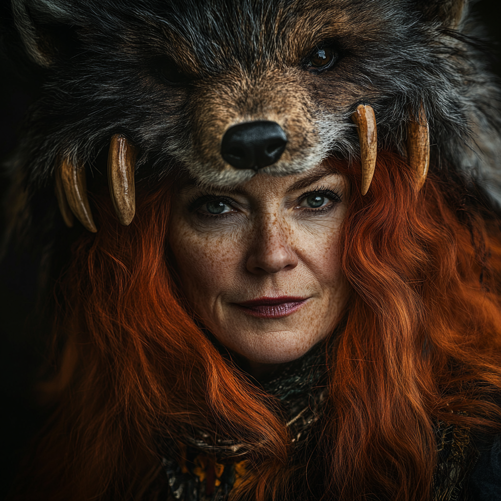 Celtic woman wearing bear headdress stares into camera at night.