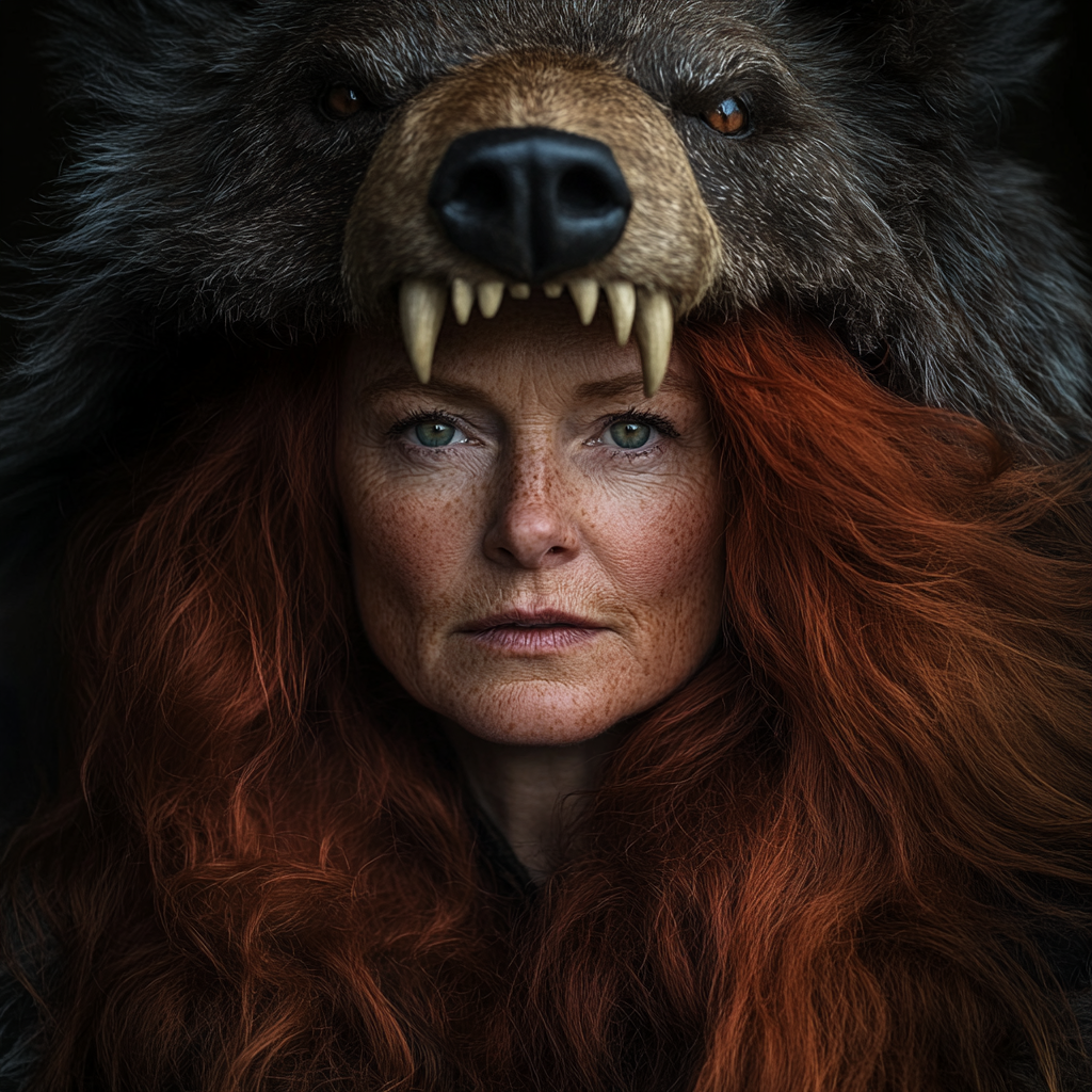 Celtic woman with red hair in bear headdress at night.