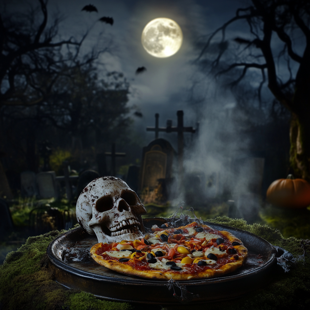 Cemetery Pizza Party: Spooky Skull and Festive Fun