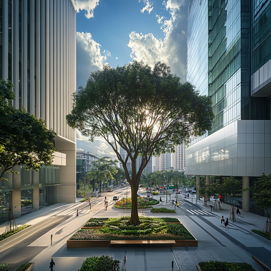 Central garden between modern buildings, sunny weather and urban life.