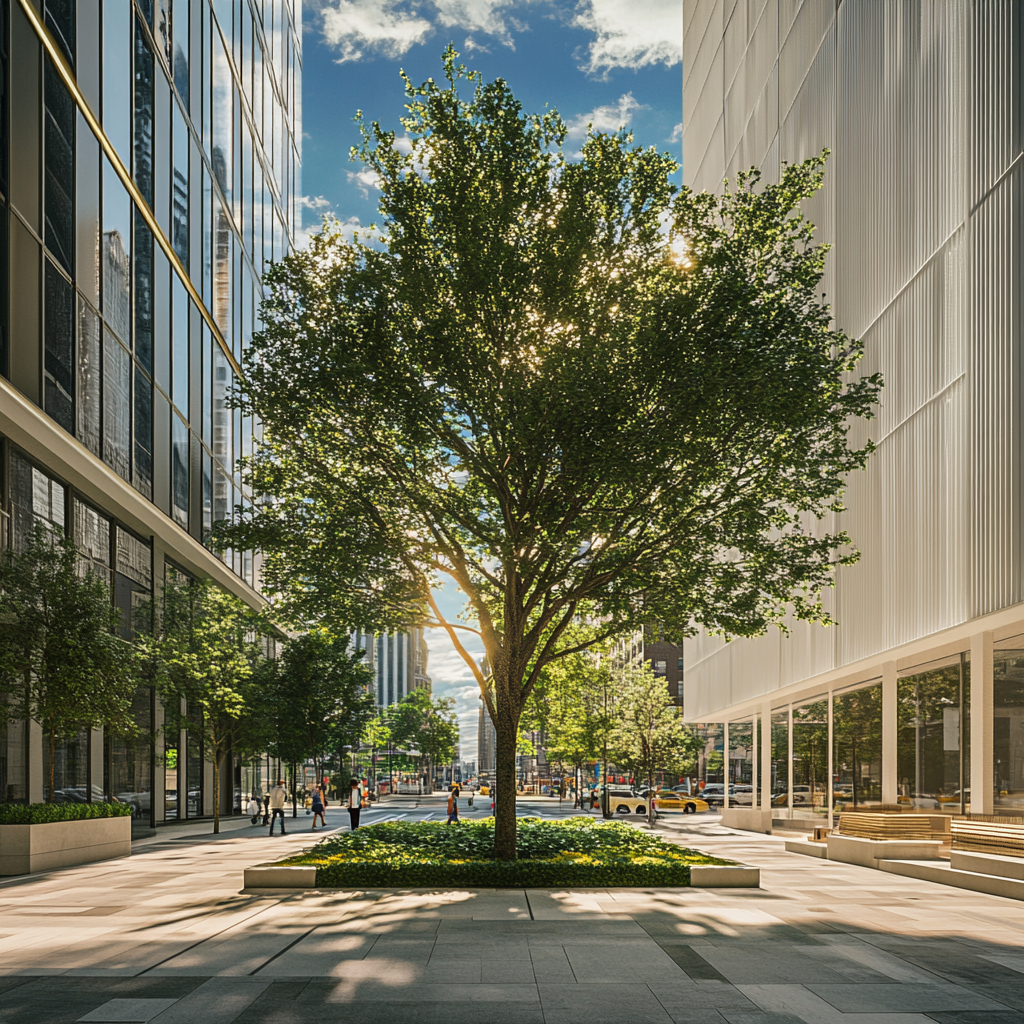 Central garden with minimalist buildings in a modern city.