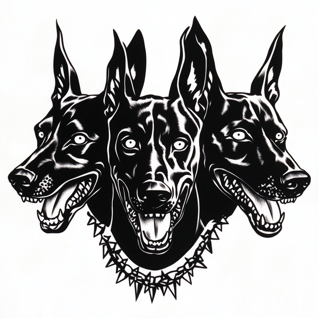 Cerberus stencil of three Doberman heads snarling