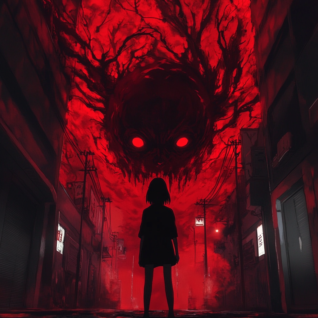 Chainsaw Man anime style dreamlike, demonic, creepy scenario.