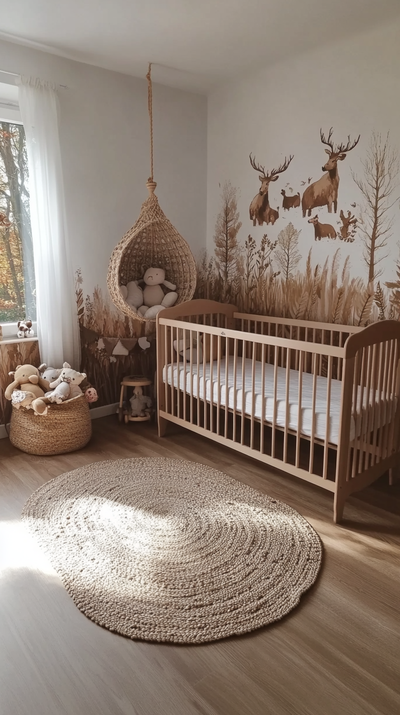 Chambre de bébé bohème avec décor naturel et animaux.