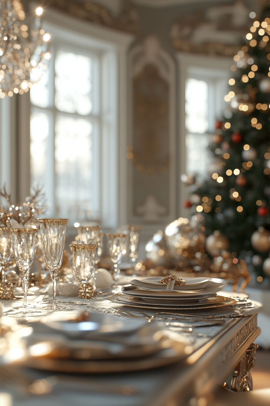 Champagne Christmas dining room set: elegant, sophisticated feast