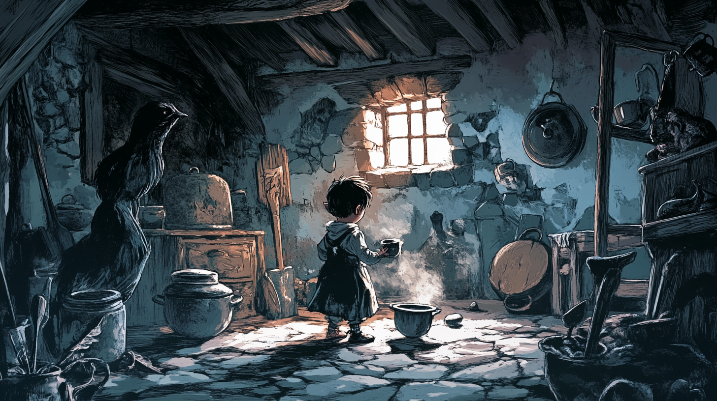 Changeling Child Chaos in Irish Cottage Illustration