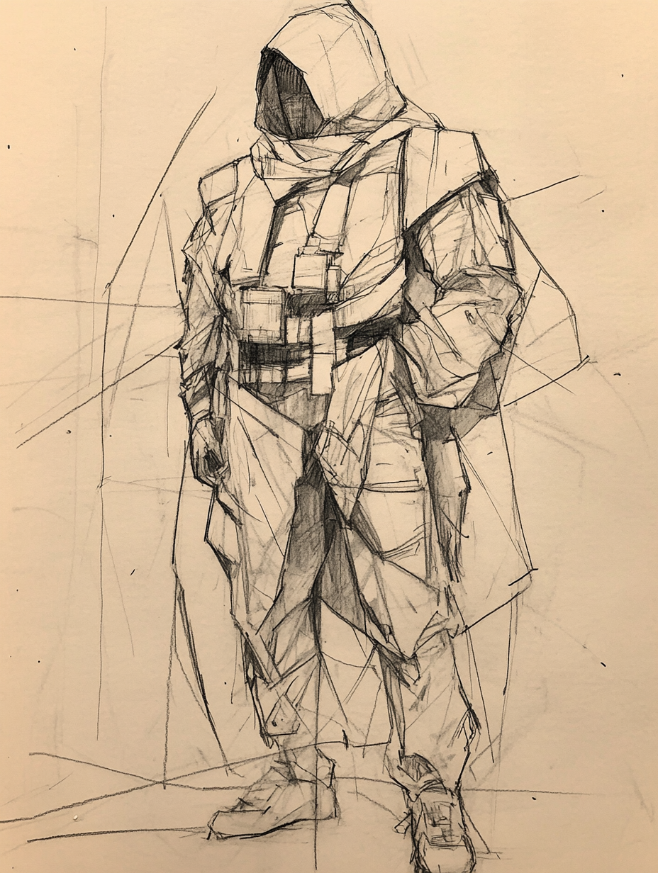 Chaotic, rough sketch of survivor in post-apocalyptic world.