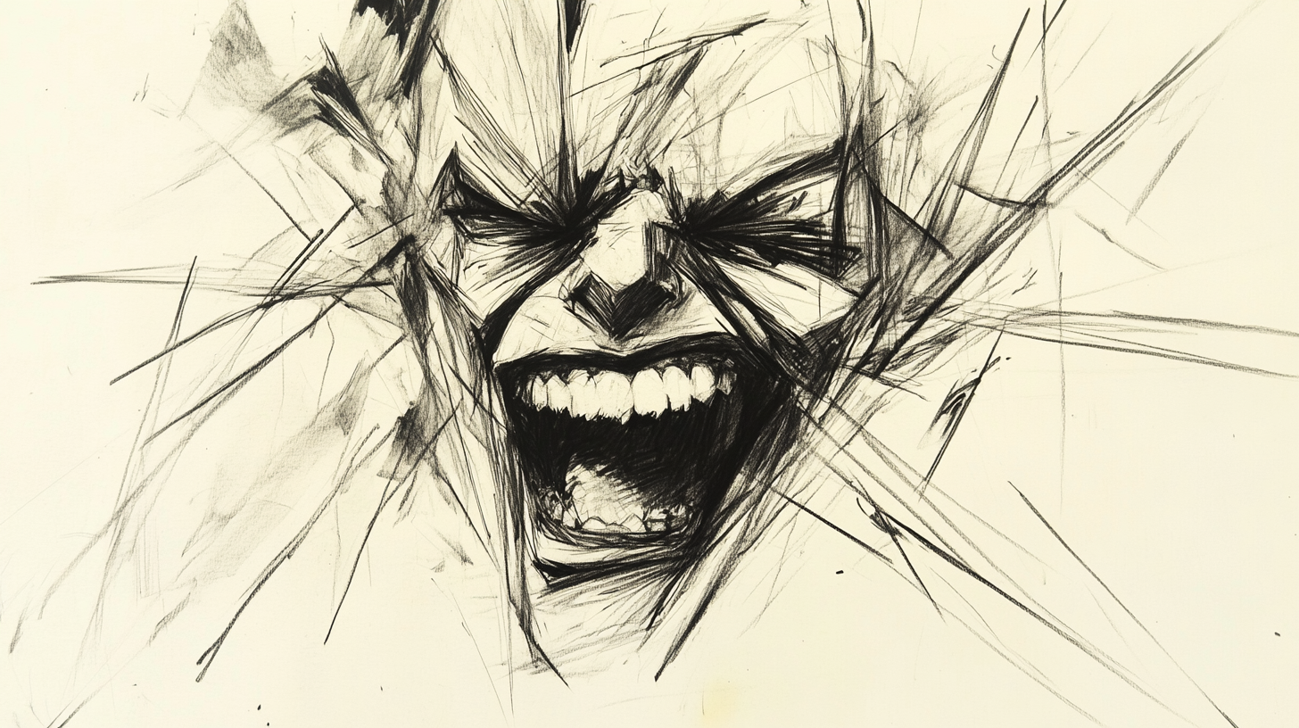 Chaotic Laughter Sketch, Wide Grin, Tears, Eerie 