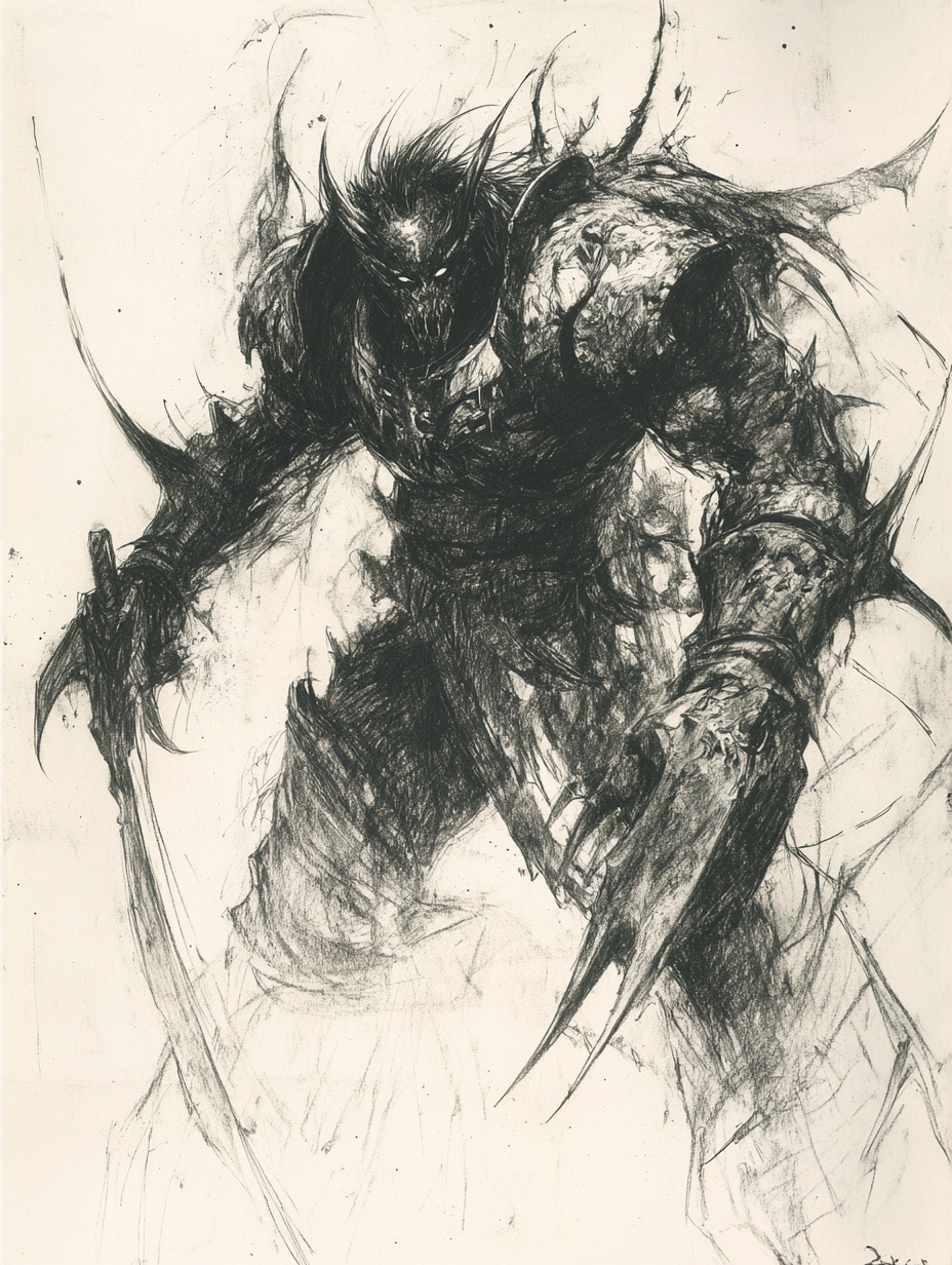 Chaotic pencil sketch of terrifying, imposing armored figure.