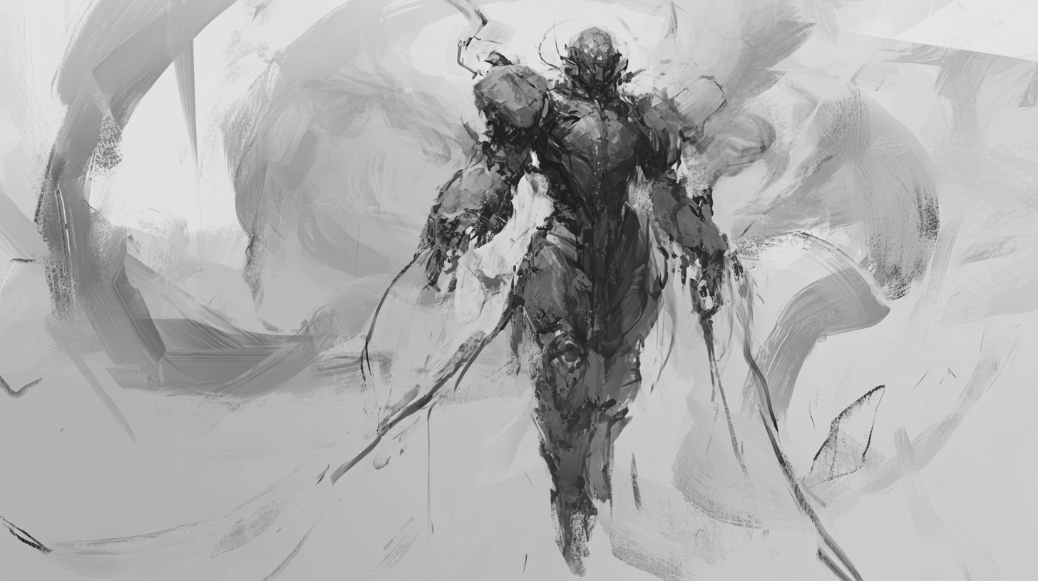 Chaotic sketch of game protagonist in eerie environment.