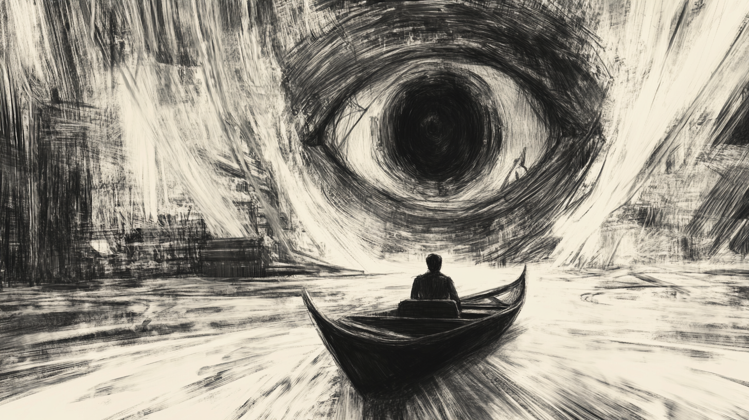 Chaotic sketch of protagonist in eerie, mysterious world, eye-like presence.