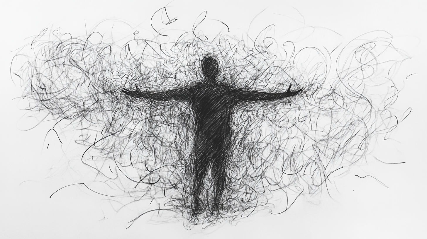 Chaotic sketch showing figure surrounded by happiness energy.