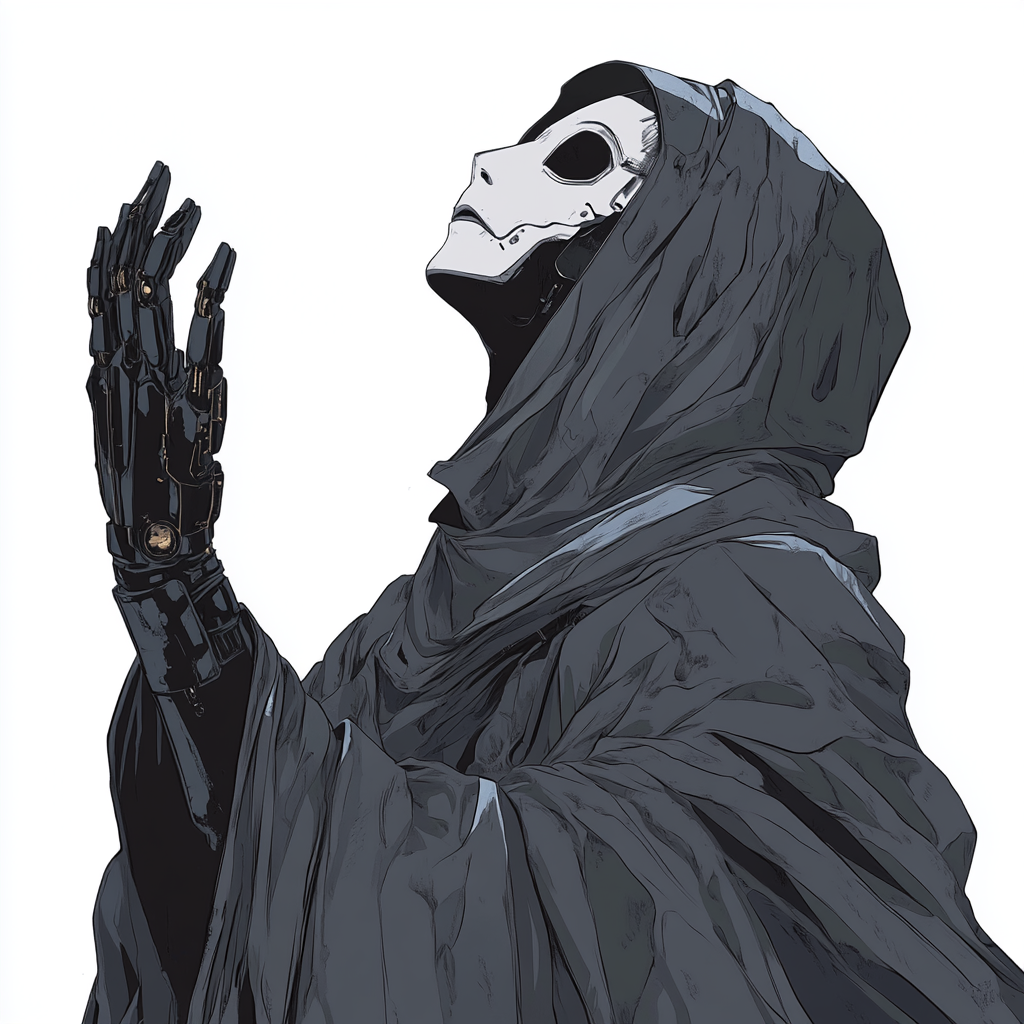 Character design in anime style wearing cloak and mask.