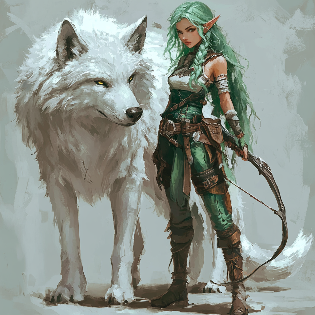 Character design with green hair, fluffy white wolf.