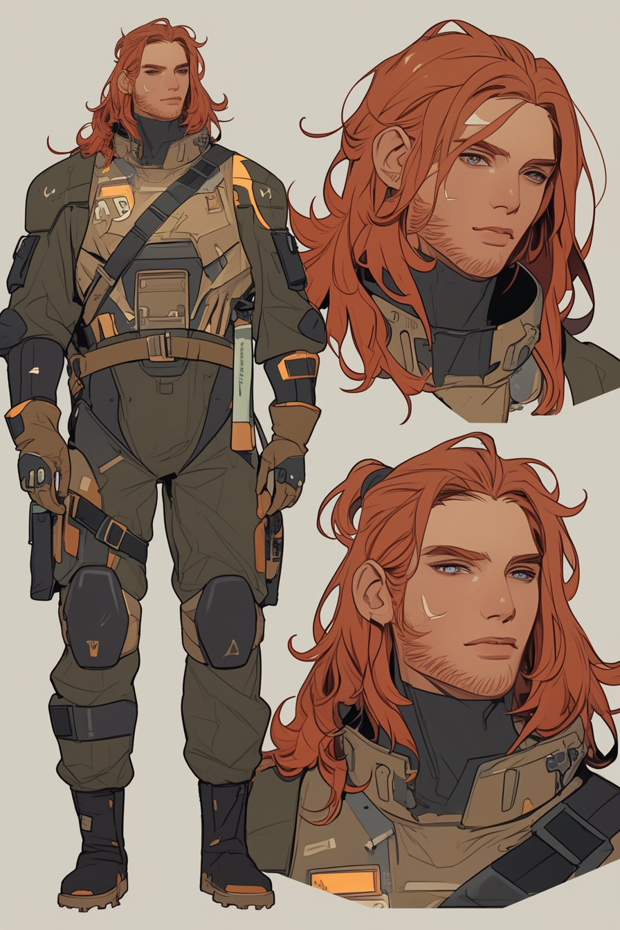 Character reference sheet of tan guy in pilot suit.