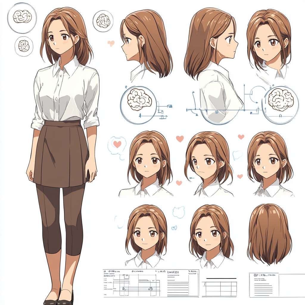 Character sheet of 25-year-old psychology teacher with warm expression.