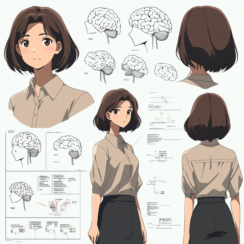 Character sheet of Tappuru Sensei, psychology teacher, clean, professional.