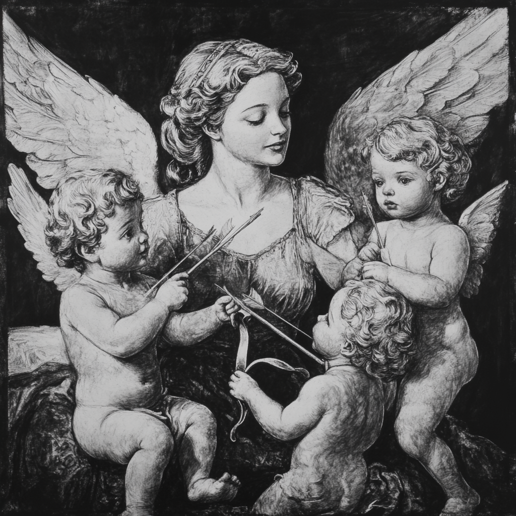 Charcoal Drawing of Lady Angel with Three Cherub Children