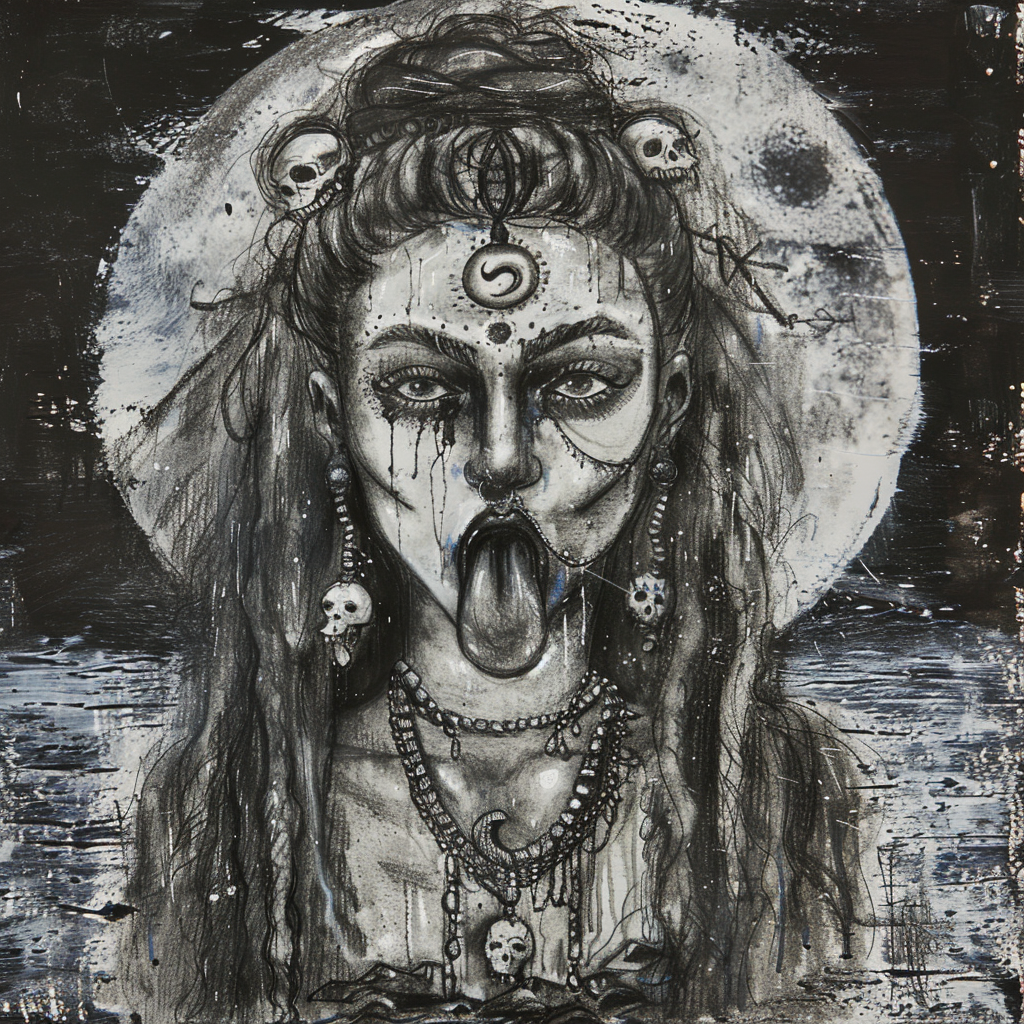 Charcoal painting of goddess Kali by river Ganga.