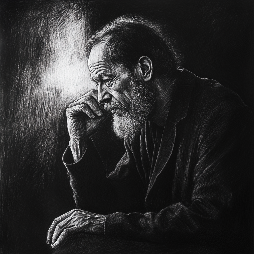 Charcoal portrait of Russian author Solzhenitsyn, deep in thought.