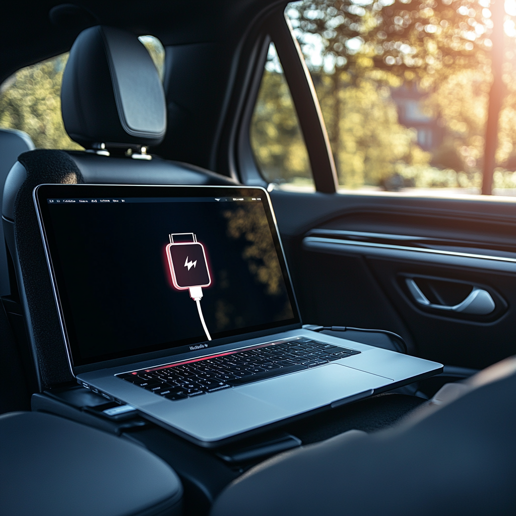 Charging laptop in electric car back seat