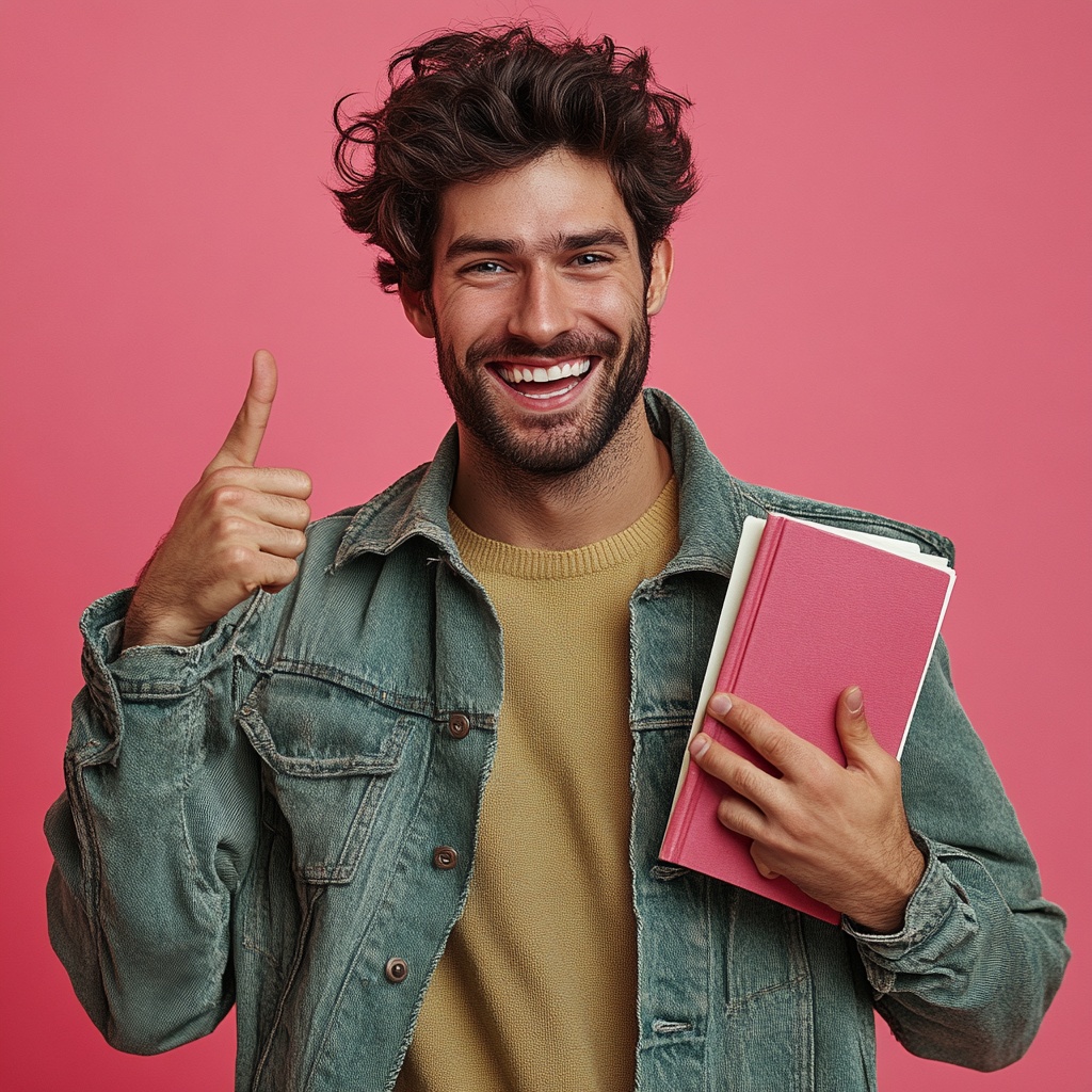 Charismatic male with thick hair, holding book mockup proudly.