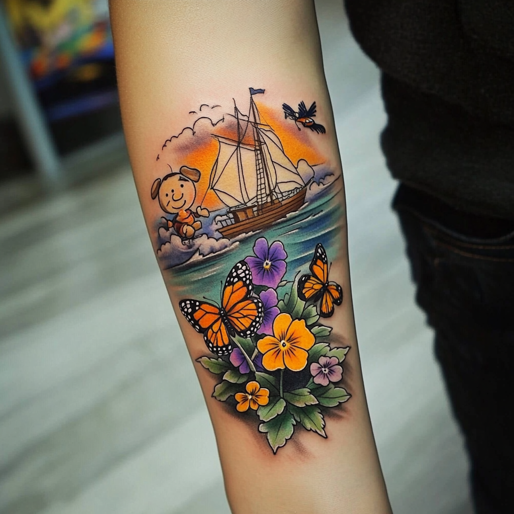 Charlie Brown watches boat by colorful garden tattoo