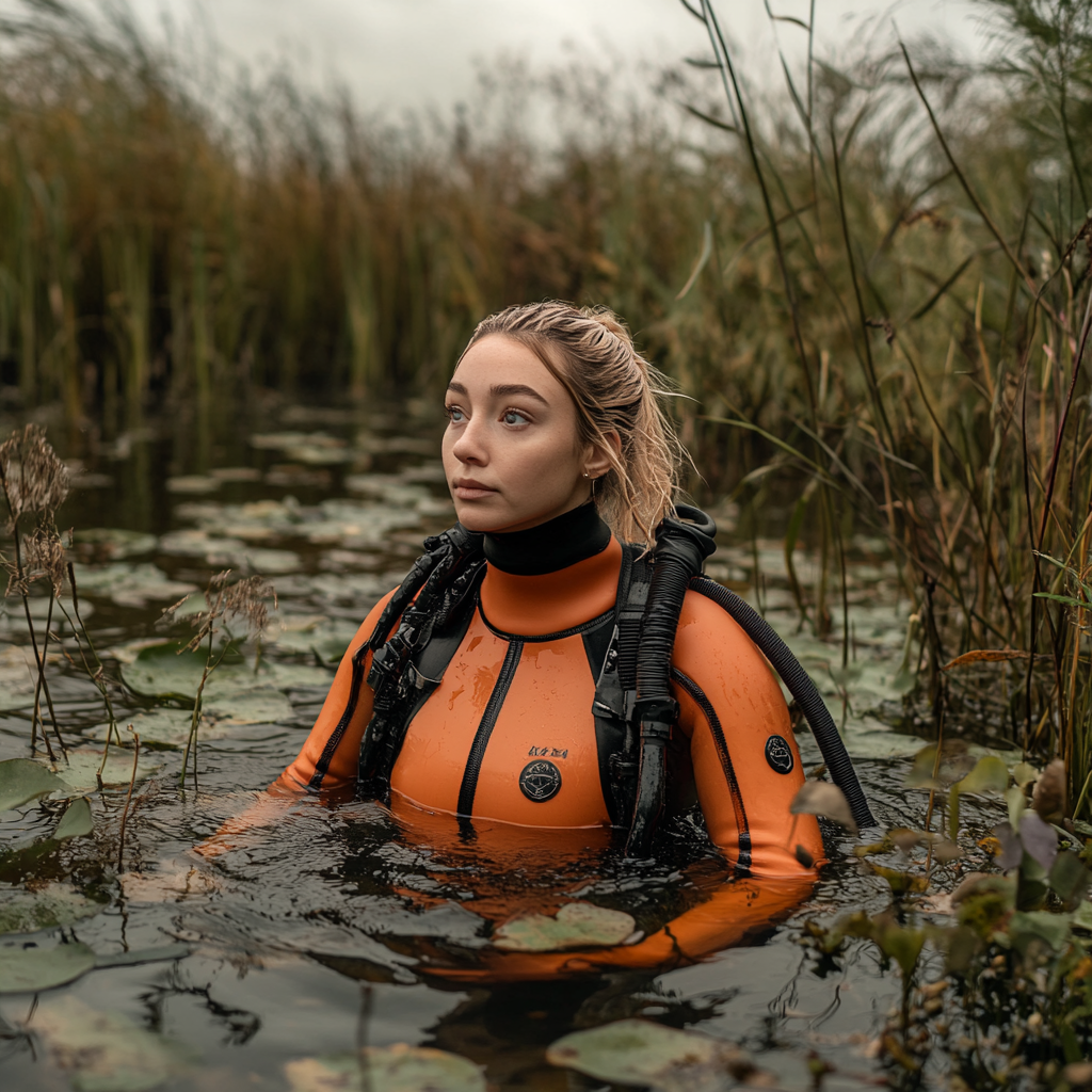 Charlotte Church in orange wetsuit diving in weedy lake