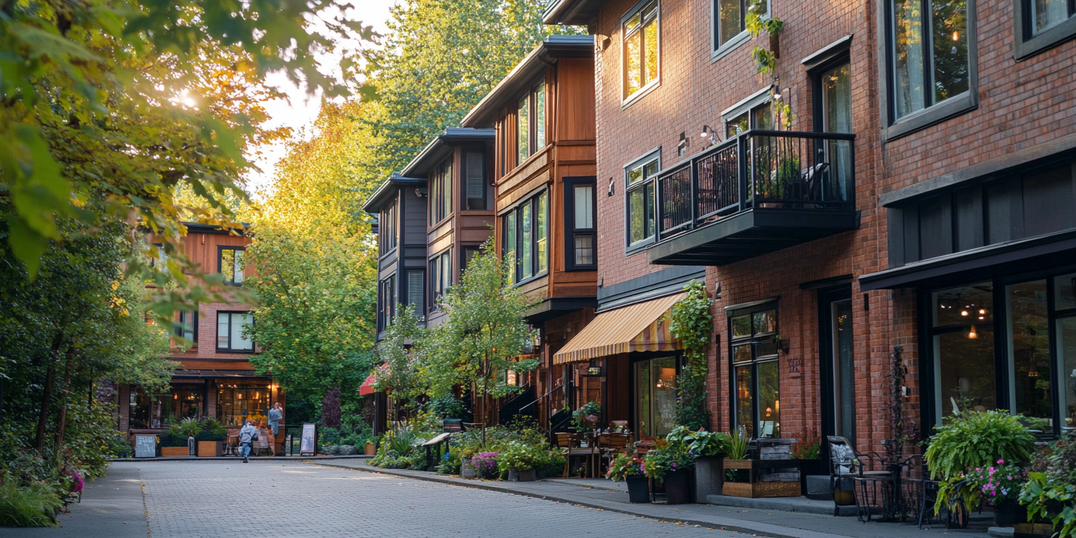 Charming American town street with cozy buildings