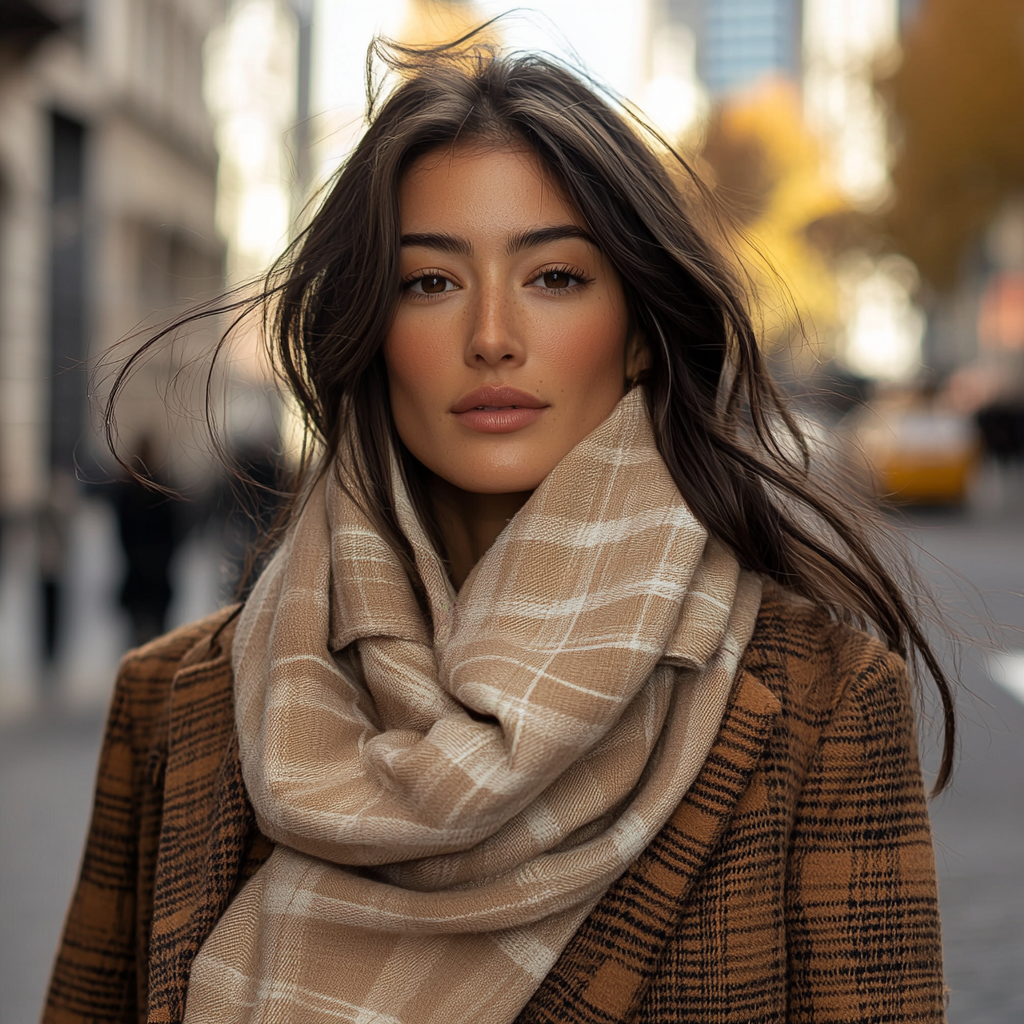 Charming Woman in Stylish Autumn Scene with Scarf