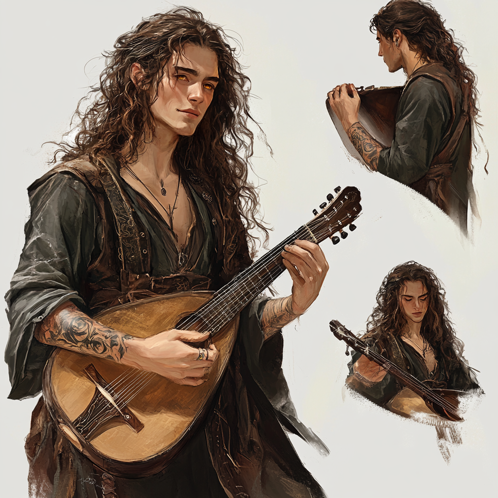 Charming bard with tattooes, piercing, long curly hair, lute.