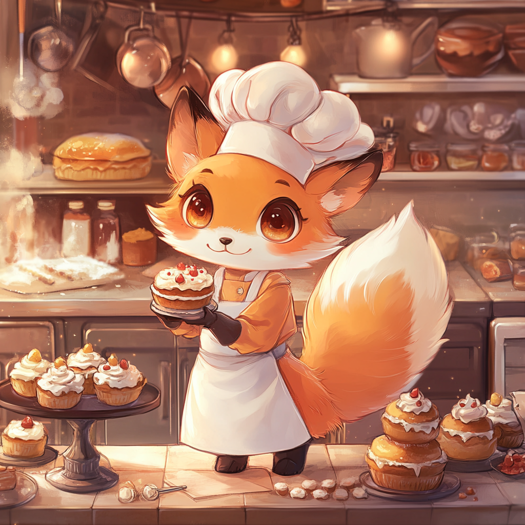 Charming chibi fox baker decorating cake in kitchen.