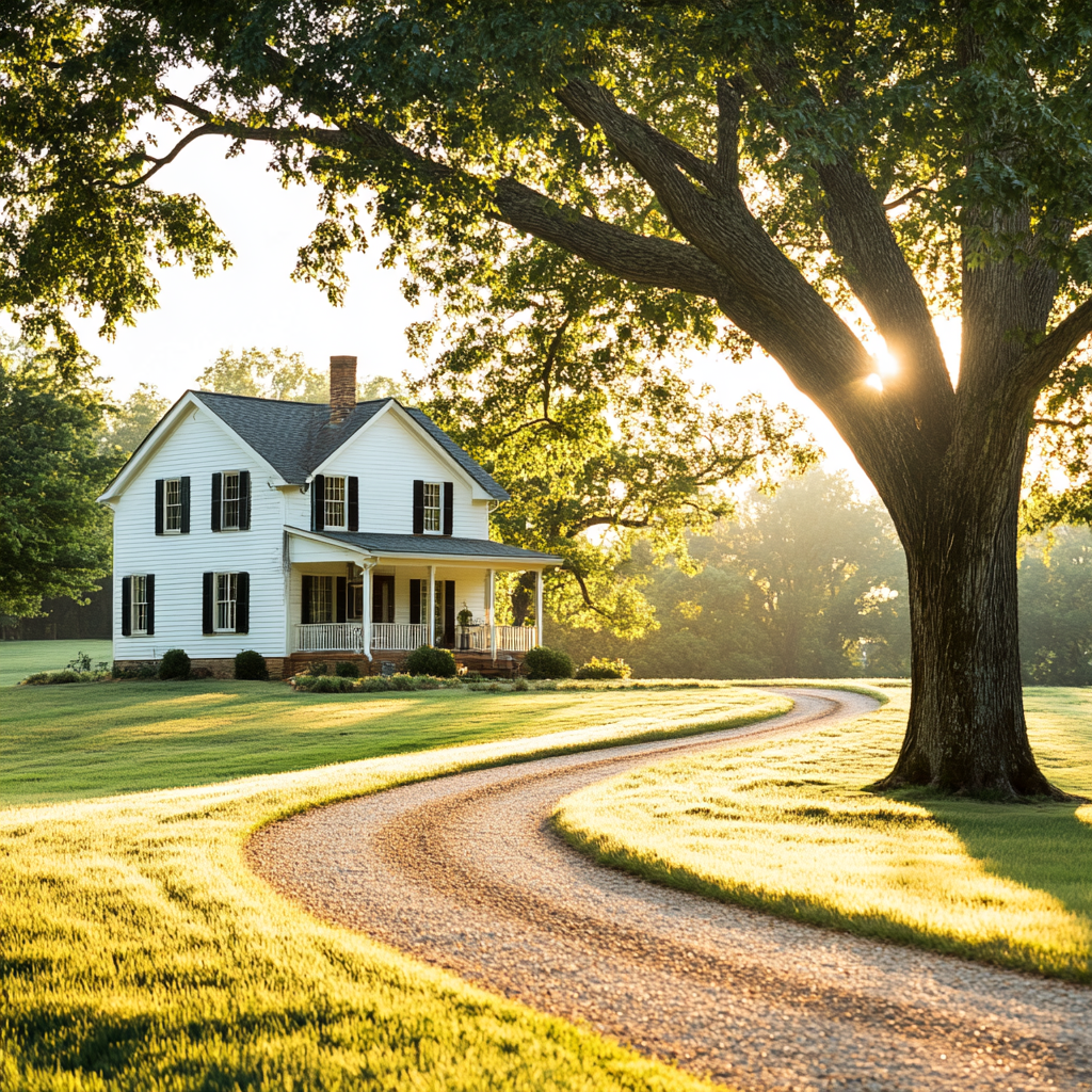 Charming countryside farmhouse with green lawn and sunlight.