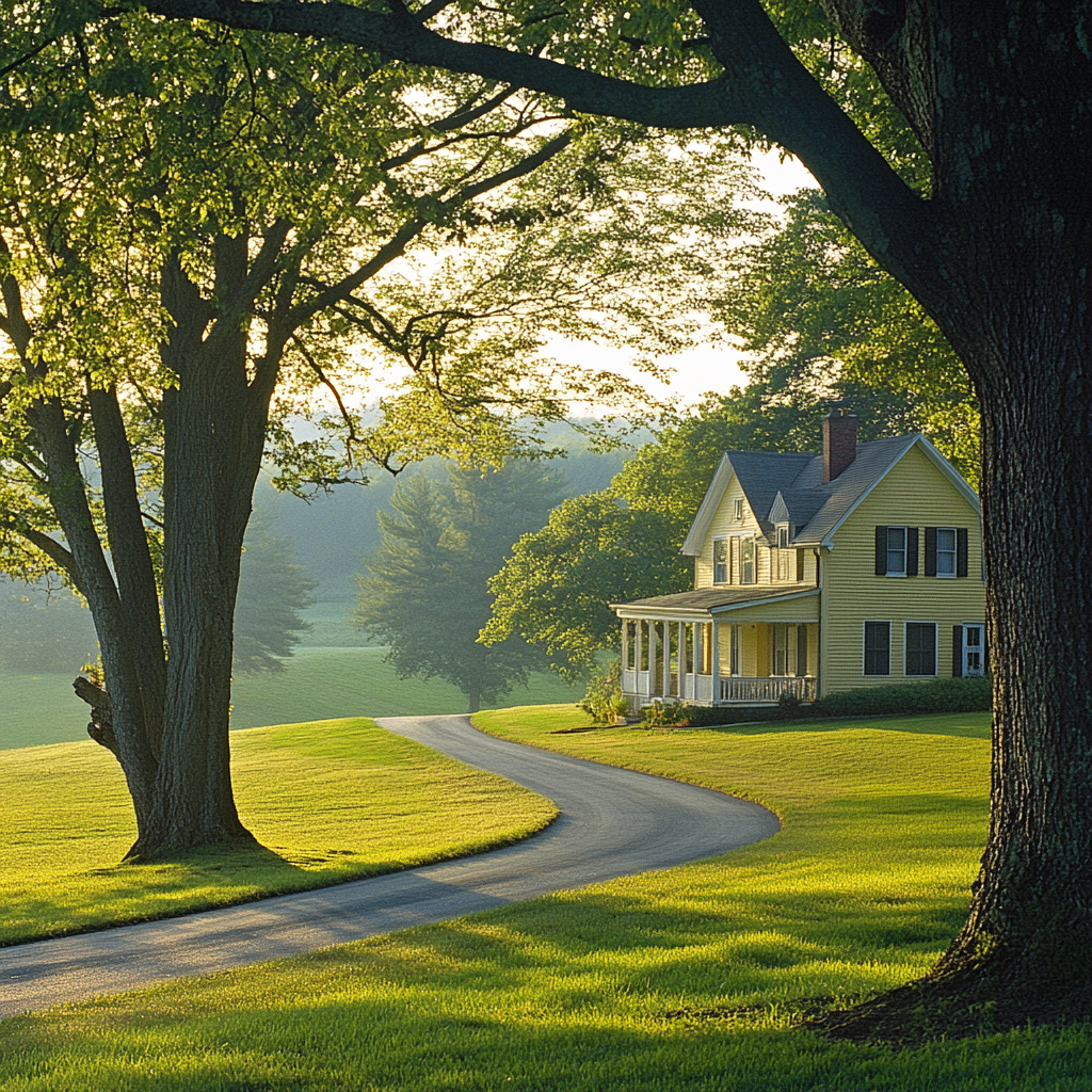 Charming farmhouse in rural setting with yellow exterior.