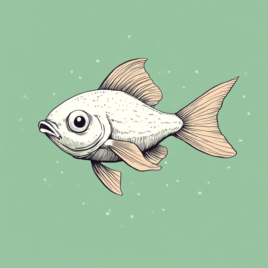 Charming fish with bones and cloth, minimalistic pen style.