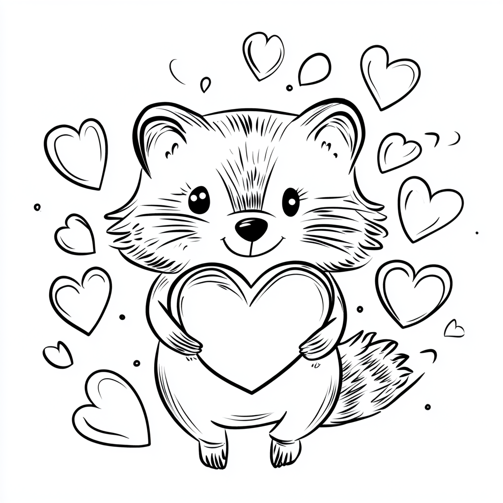 Charming raccoon holding heart with surrounding hearts, minimalist style.