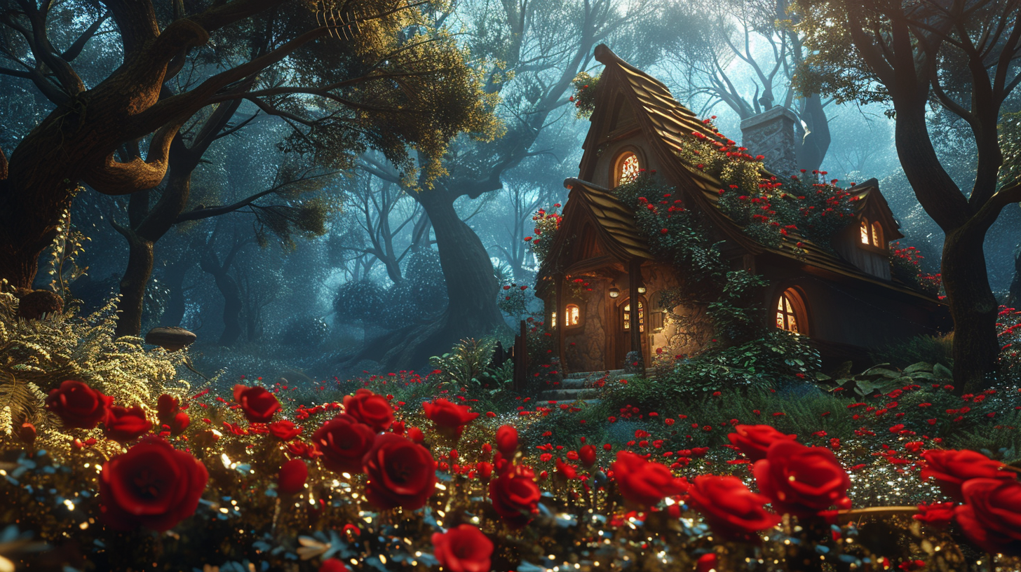 Charming tiny house in magical forest with red flowers.